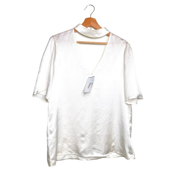 PAIGE Women's Cateline Silk Choker Blouse Short Sleeve Top White Size Medium NWT - Picture 3 of 12